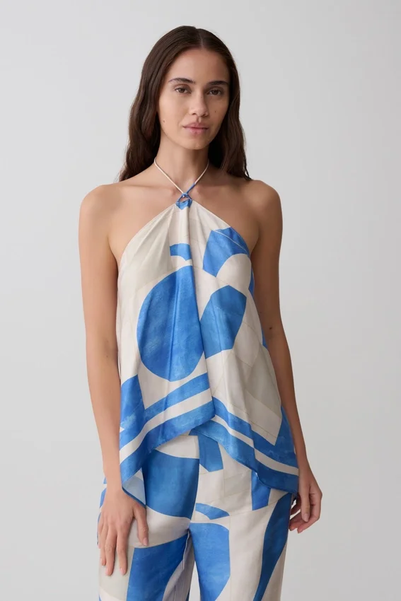 Adelaide Draped Satin Halter Top – Blue Geo Tile Print Adelaide Draped Satin Halter Top – Blue Geo Tile Print