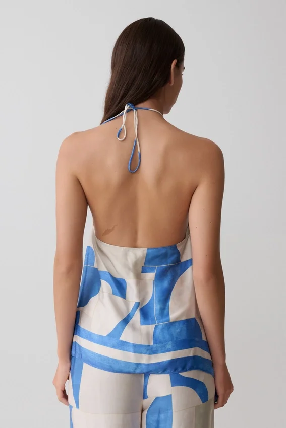 Adelaide Draped Satin Halter Top – Blue Geo Tile Print Adelaide Draped Satin Halter Top – Blue Geo Tile Print