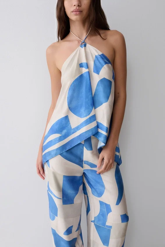 Adelaide Draped Satin Halter Top – Blue Geo Tile Print Adelaide Draped Satin Halter Top – Blue Geo Tile Print