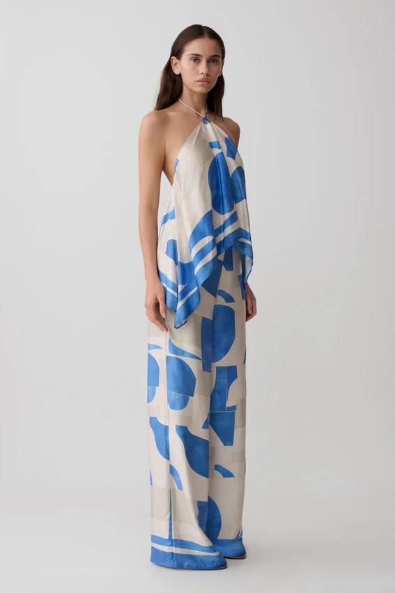 Adelaide Draped Satin Halter Top – Blue Geo Tile Print Adelaide Draped Satin Halter Top – Blue Geo Tile Print