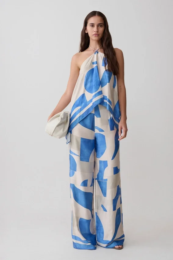 Adelaide Draped Satin Halter Top – Blue Geo Tile Print Adelaide Draped Satin Halter Top – Blue Geo Tile Print