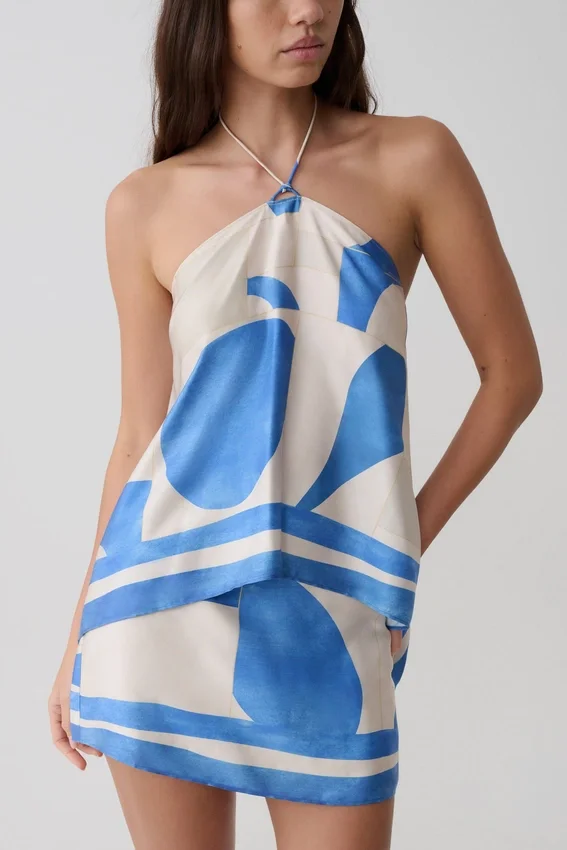 Adelaide Draped Satin Halter Top – Blue Geo Tile Print Adelaide Draped Satin Halter Top – Blue Geo Tile Print