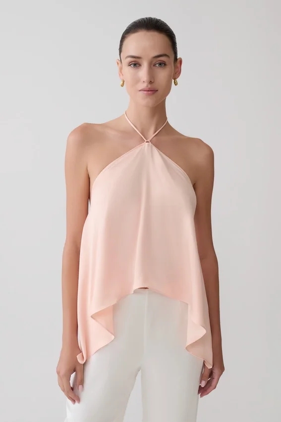 Adelaide Draped Satin Halter Top – Peach Adelaide Draped Satin Halter Top – Peach