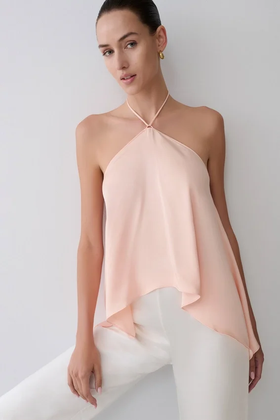 Adelaide Draped Satin Halter Top – Peach Adelaide Draped Satin Halter Top – Peach
