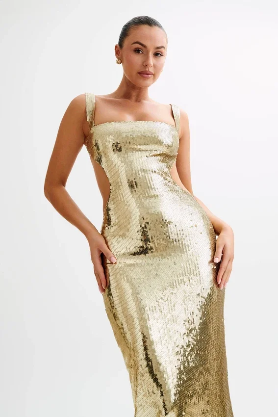 Adoria Sequin Cut Out Maxi Dress – Gold Adoria Sequin Cut Out Maxi Dress – Gold