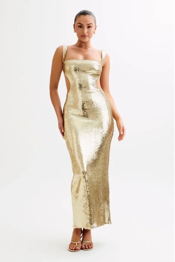 Adoria Sequin Cut Out Maxi Dress – Gold Adoria Sequin Cut Out Maxi Dress – Gold