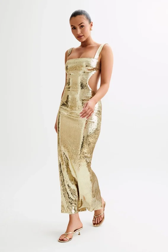 Adoria Sequin Cut Out Maxi Dress – Gold Adoria Sequin Cut Out Maxi Dress – Gold