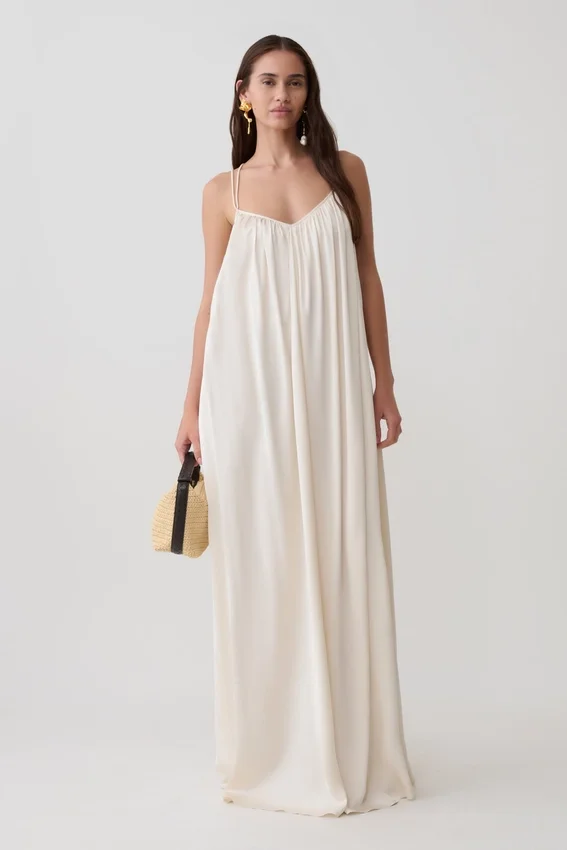 Adriana Satin Gathered Maxi Dress – Buttercream Adriana Satin Gathered Maxi Dress – Buttercream