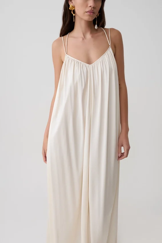 Adriana Satin Gathered Maxi Dress – Buttercream Adriana Satin Gathered Maxi Dress – Buttercream