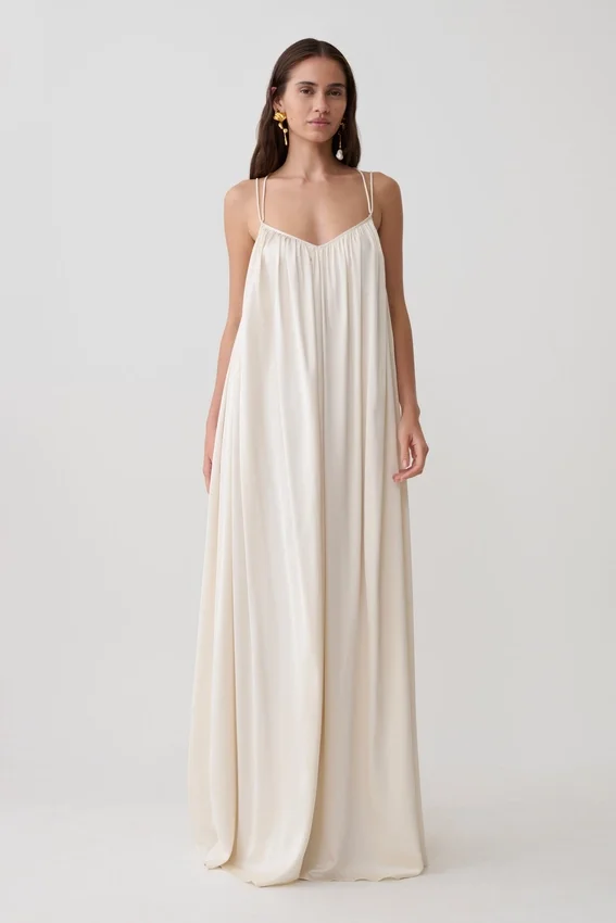 Adriana Satin Gathered Maxi Dress – Buttercream Adriana Satin Gathered Maxi Dress – Buttercream