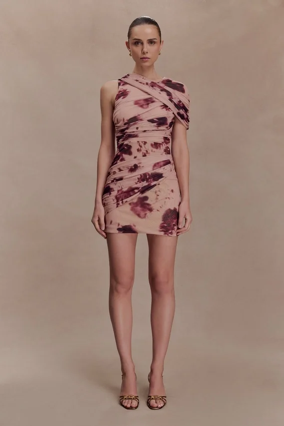 Adrienne One Shoulder Mesh Mini Dress – Nude Blurred Floral Print Adrienne One Shoulder Mesh Mini Dress – Nude Blurred Floral Print