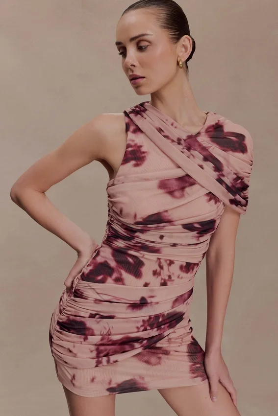 Adrienne One Shoulder Mesh Mini Dress – Nude Blurred Floral Print Adrienne One Shoulder Mesh Mini Dress – Nude Blurred Floral Print