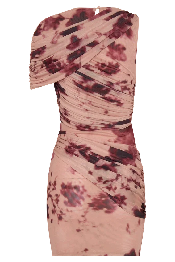Adrienne One Shoulder Mesh Mini Dress – Nude Blurred Floral Print Adrienne One Shoulder Mesh Mini Dress – Nude Blurred Floral Print