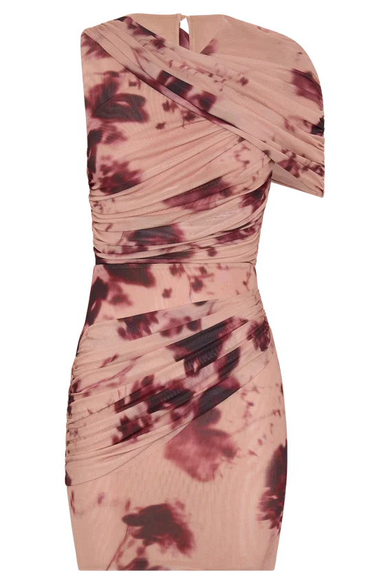 Adrienne One Shoulder Mesh Mini Dress – Nude Blurred Floral Print Adrienne One Shoulder Mesh Mini Dress – Nude Blurred Floral Print