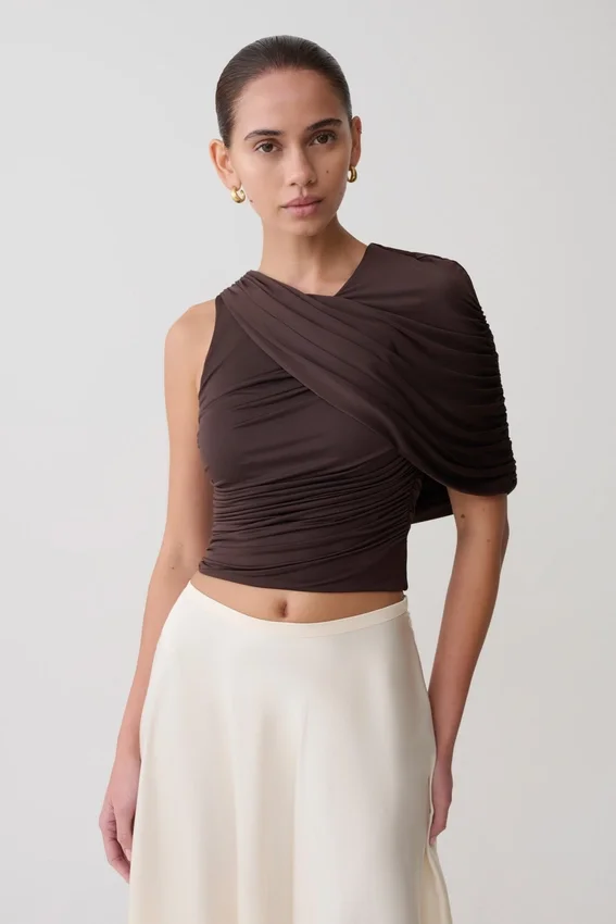 Adrienne One Shoulder Slinky Top – Chocolate Adrienne One Shoulder Slinky Top – Chocolate