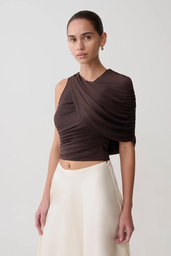 Adrienne One Shoulder Slinky Top – Chocolate Adrienne One Shoulder Slinky Top – Chocolate