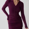 Agness Long Sleeve Button Up Knit Dress – Plum