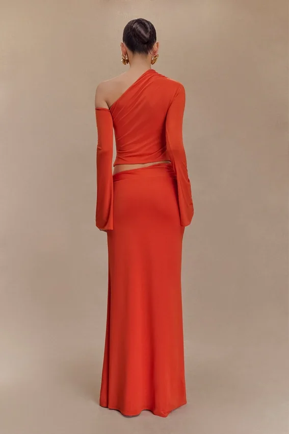 Ainsley Asymmetrical Maxi Skirt With Floral Hardware – Burnt Orange Ainsley Asymmetrical Maxi Skirt With Floral Hardware – Burnt Orange