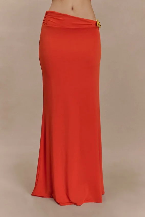 Ainsley Asymmetrical Maxi Skirt With Floral Hardware – Burnt Orange Ainsley Asymmetrical Maxi Skirt With Floral Hardware – Burnt Orange