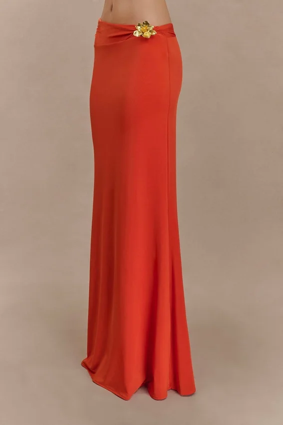 Ainsley Asymmetrical Maxi Skirt With Floral Hardware – Burnt Orange Ainsley Asymmetrical Maxi Skirt With Floral Hardware – Burnt Orange