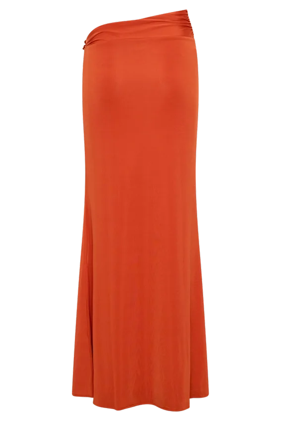 Ainsley Asymmetrical Maxi Skirt With Floral Hardware – Burnt Orange Ainsley Asymmetrical Maxi Skirt With Floral Hardware – Burnt Orange