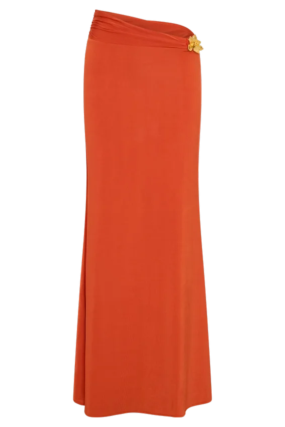 Ainsley Asymmetrical Maxi Skirt With Floral Hardware – Burnt Orange Ainsley Asymmetrical Maxi Skirt With Floral Hardware – Burnt Orange