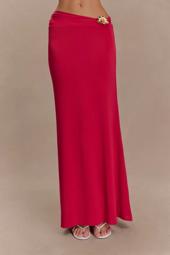 Ainsley Asymmetrical Maxi Skirt With Floral Hardware – Fuchsia Pink Ainsley Asymmetrical Maxi Skirt With Floral Hardware – Fuchsia Pink