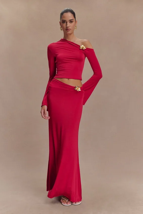 Ainsley Asymmetrical Maxi Skirt With Floral Hardware – Fuchsia Pink Ainsley Asymmetrical Maxi Skirt With Floral Hardware – Fuchsia Pink