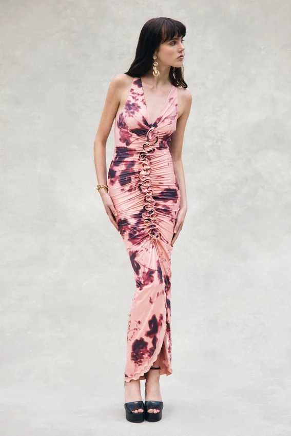Alessandra Slinky Ruffle Maxi Dress – Pink Blurred Floral Print Alessandra Slinky Ruffle Maxi Dress – Pink Blurred Floral Print