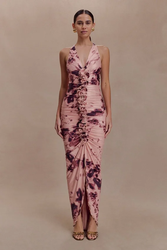 Alessandra Slinky Ruffle Maxi Dress – Pink Blurred Floral Print Alessandra Slinky Ruffle Maxi Dress – Pink Blurred Floral Print