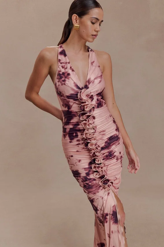 Alessandra Slinky Ruffle Maxi Dress – Pink Blurred Floral Print Alessandra Slinky Ruffle Maxi Dress – Pink Blurred Floral Print