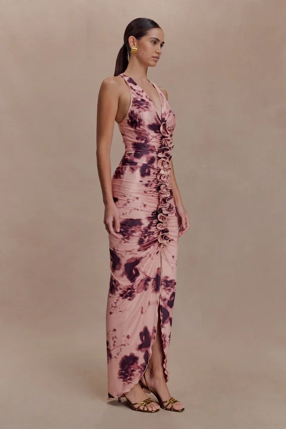 Alessandra Slinky Ruffle Maxi Dress – Pink Blurred Floral Print Alessandra Slinky Ruffle Maxi Dress – Pink Blurred Floral Print