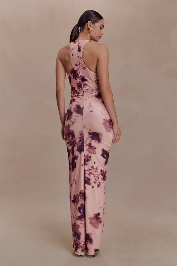 Alessandra Slinky Ruffle Maxi Dress – Pink Blurred Floral Print Alessandra Slinky Ruffle Maxi Dress – Pink Blurred Floral Print