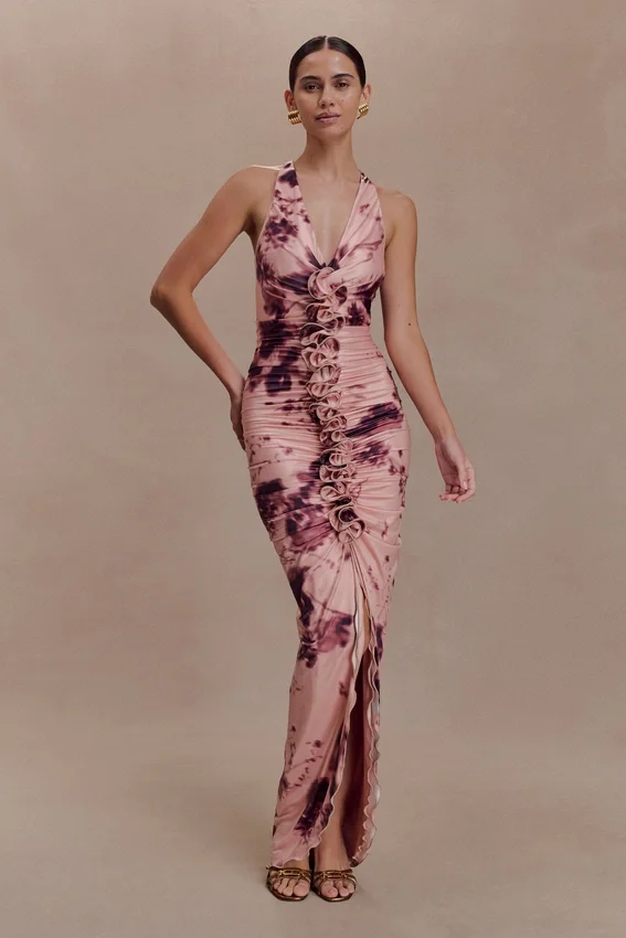 Alessandra Slinky Ruffle Maxi Dress – Pink Blurred Floral Print Alessandra Slinky Ruffle Maxi Dress – Pink Blurred Floral Print