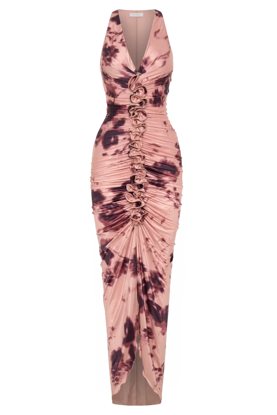 Alessandra Slinky Ruffle Maxi Dress – Pink Blurred Floral Print Alessandra Slinky Ruffle Maxi Dress – Pink Blurred Floral Print