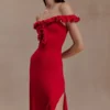 Allegra Off Shoulder Ruffle Midi Dress – Ruby