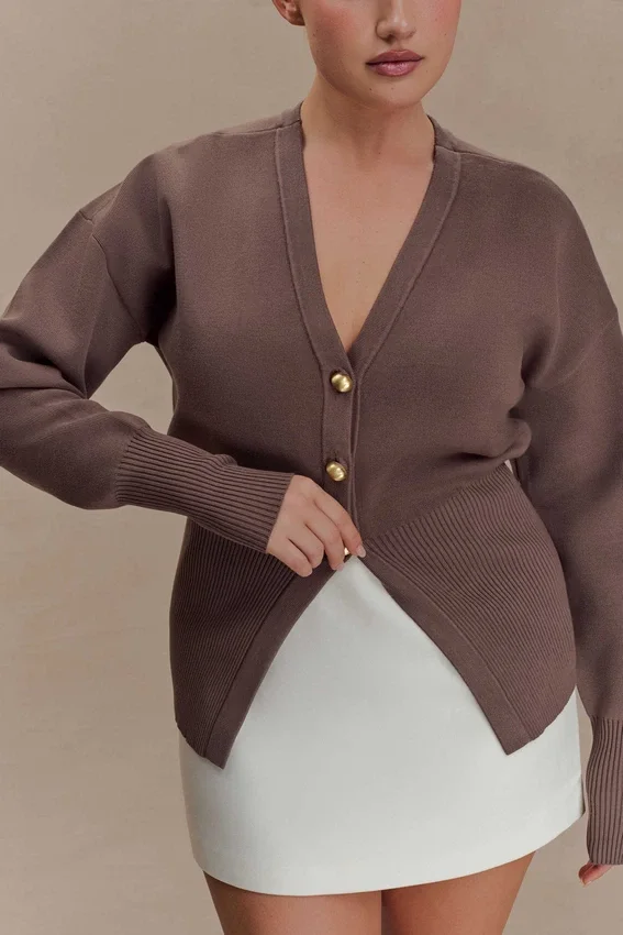 Amanda Statement Button Knit Cardigan – Cacao Brown Amanda Statement Button Knit Cardigan – Cacao Brown