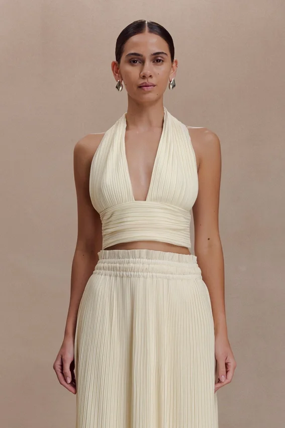 Amaris Sleeveless Plisse Halter Top – Lemon Amaris Sleeveless Plisse Halter Top – Lemon