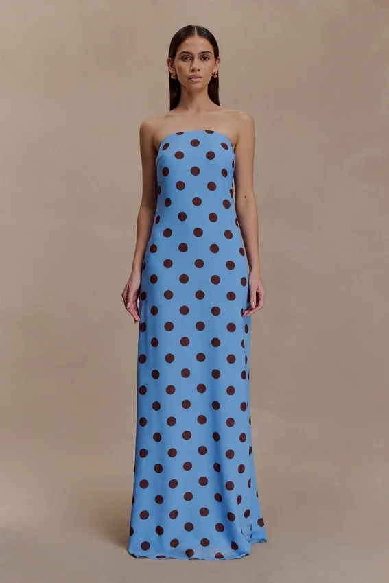 Amaya Strapless Chiffon Maxi Dress – Blue Polka Dot Amaya Strapless Chiffon Maxi Dress – Blue Polka Dot