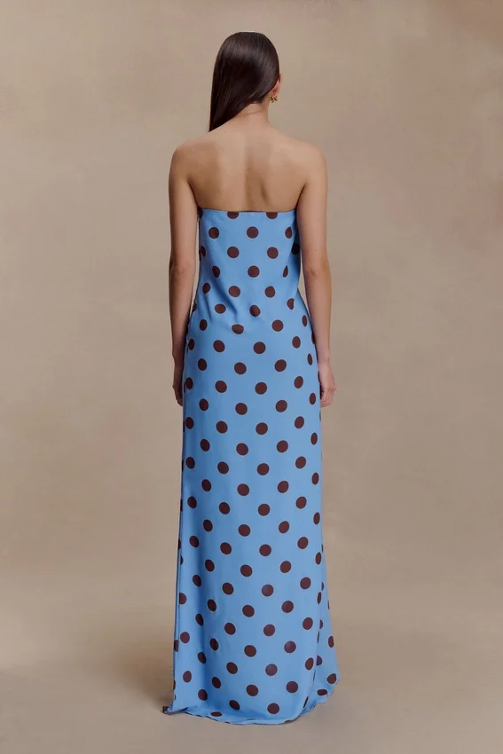 Amaya Strapless Chiffon Maxi Dress – Blue Polka Dot Amaya Strapless Chiffon Maxi Dress – Blue Polka Dot
