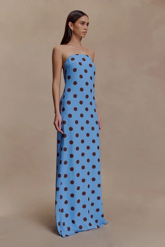 Amaya Strapless Chiffon Maxi Dress – Blue Polka Dot Amaya Strapless Chiffon Maxi Dress – Blue Polka Dot