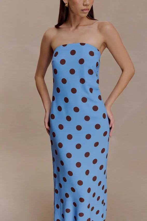 Amaya Strapless Chiffon Maxi Dress – Blue Polka Dot Amaya Strapless Chiffon Maxi Dress – Blue Polka Dot