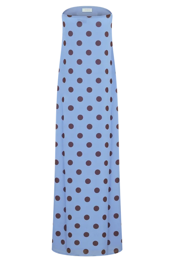 Amaya Strapless Chiffon Maxi Dress – Blue Polka Dot Amaya Strapless Chiffon Maxi Dress – Blue Polka Dot