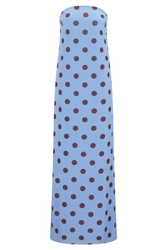 Amaya Strapless Chiffon Maxi Dress – Blue Polka Dot Amaya Strapless Chiffon Maxi Dress – Blue Polka Dot