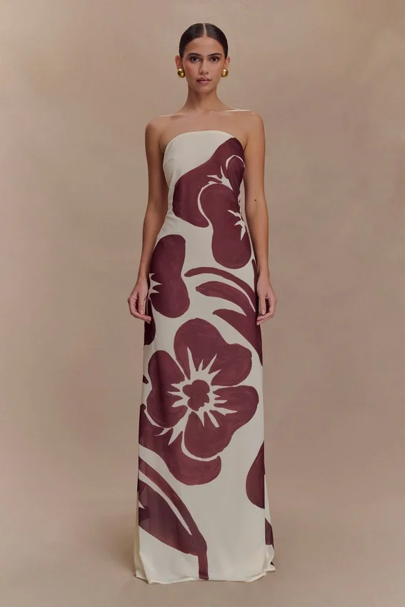 Amaya Strapless Chiffon Maxi Dress – Brown Deco Fleur Print Amaya Strapless Chiffon Maxi Dress – Brown Deco Fleur Print