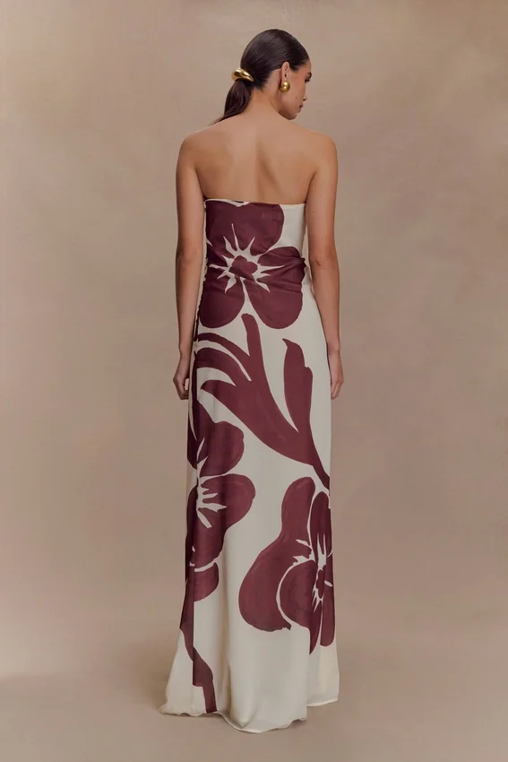 Amaya Strapless Chiffon Maxi Dress – Brown Deco Fleur Print Amaya Strapless Chiffon Maxi Dress – Brown Deco Fleur Print