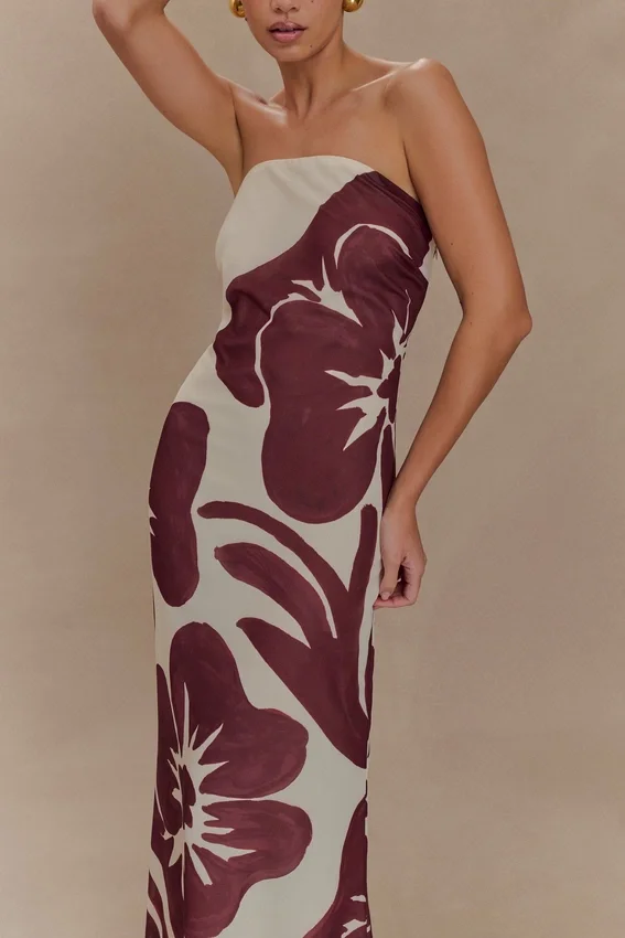 Amaya Strapless Chiffon Maxi Dress – Brown Deco Fleur Print Amaya Strapless Chiffon Maxi Dress – Brown Deco Fleur Print