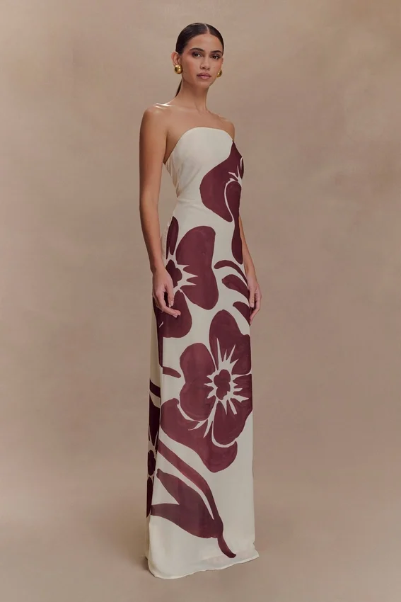 Amaya Strapless Chiffon Maxi Dress – Brown Deco Fleur Print Amaya Strapless Chiffon Maxi Dress – Brown Deco Fleur Print