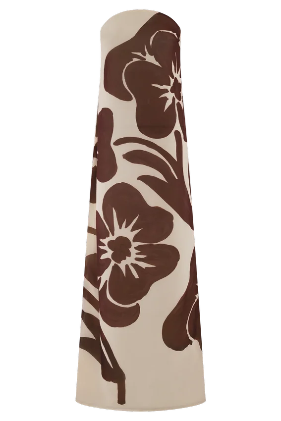 Amaya Strapless Chiffon Maxi Dress – Brown Deco Fleur Print Amaya Strapless Chiffon Maxi Dress – Brown Deco Fleur Print