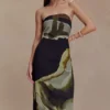 Amaya Strapless Chiffon Maxi Dress – Green Fluid Reverie Print